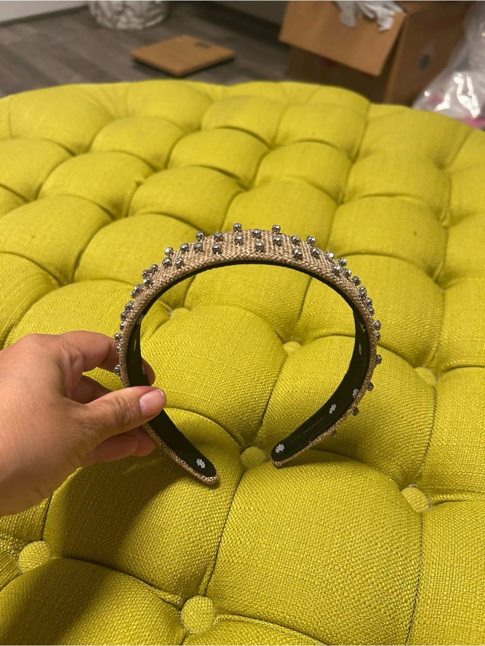 Lele Sadoughi Crystal Embellished burlap Headband GUC